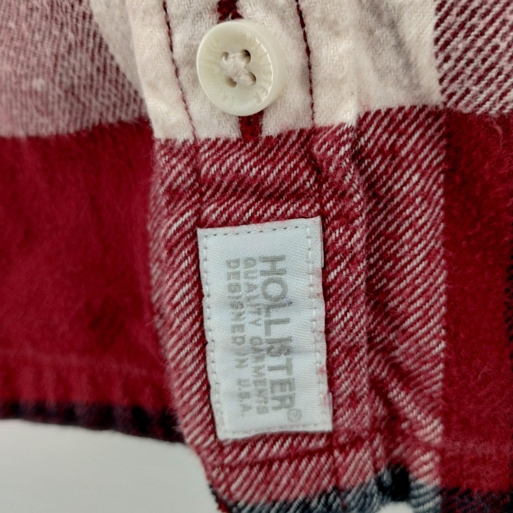 Hollister Mens Flannel Shirt‎ Cranberry White Plaid Button Up Cotton Size Medium - Picture 4 of 9
